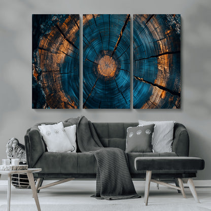 65231-MGV-CV-36X24-Blue and Gold Tree Ring Wall Art – Rustic Abstract Wood Slice Canvas Print, Modern Nature Inspired Artwork for Living Room,