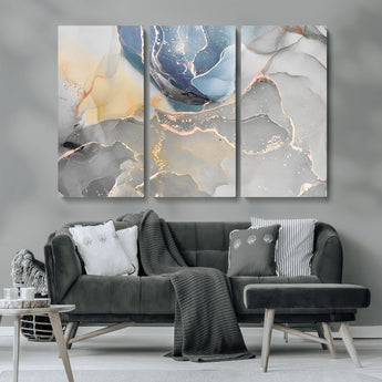 18176-MGV-CV-36X24-Abstract Fluid Wall Art – Modern Marble Ink Canvas Print with Blue, Gold, and Gray Tones, Contemporary Minimal Artwork Decor for
