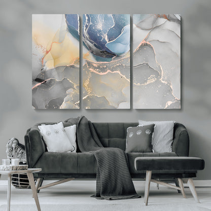 18176-MGV-CV-36X24-Abstract Fluid Wall Art – Modern Marble Ink Canvas Print with Blue, Gold, and Gray Tones, Contemporary Minimal Artwork Decor for