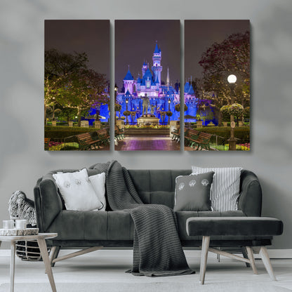 63560-MGV-CV-36X24-Fairy Tale Castle Wall Art – Magical Night Scene Canvas Print with Lights and Gardens, Fantasy Architecture Artwork for Living