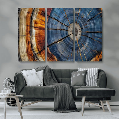 10583-MGV-CV-36X24-Tree Ring Wall Art – Abstract Wood Grain Canvas Print with Blue and Brown Tones, Nature Inspired Rustic Artwork for Living Room,