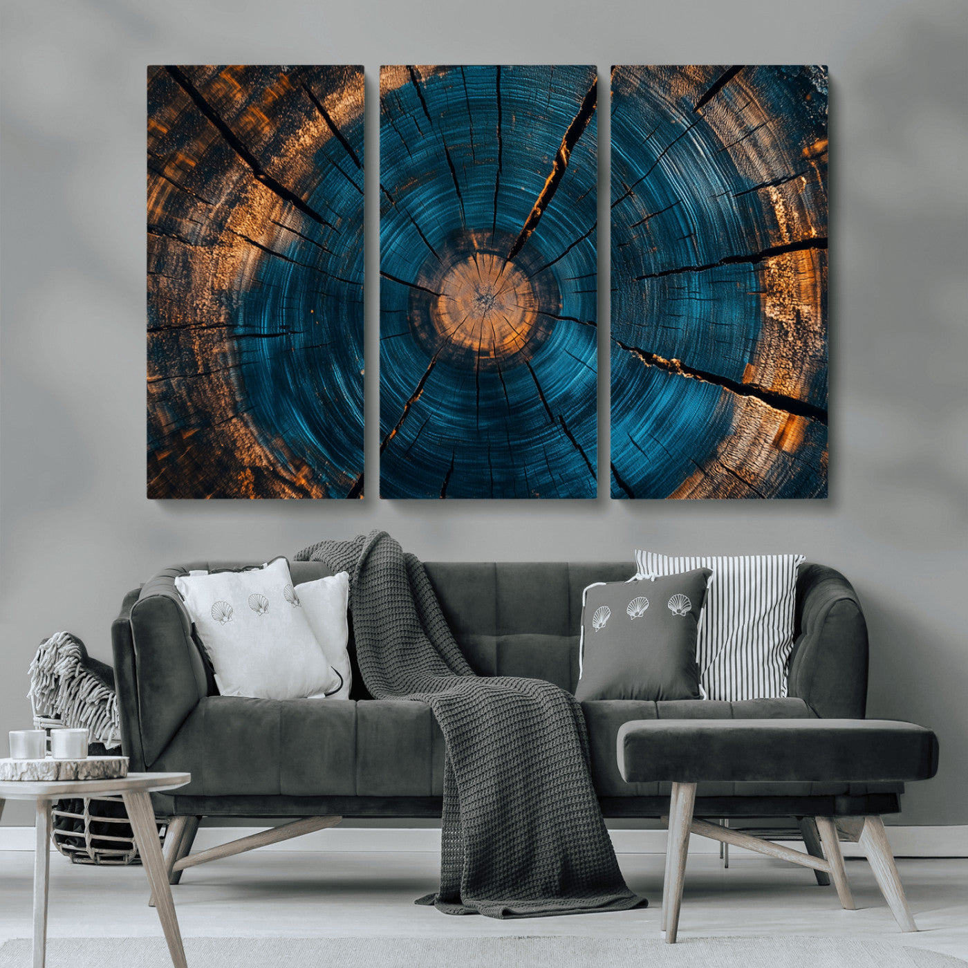 13398-MGV-CV-36X24-Tree Ring Wall Art – Abstract Wood Grain Canvas Print with Blue and Orange Accents, Rustic Nature Inspired Artwork for Living