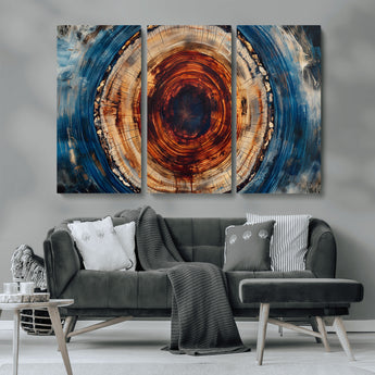 90395-MGV-CV-36X24-Tree Ring Wall Art – Abstract Wood Grain Canvas Print with Fiery Red and Blue Tones, Bold Rustic Nature Inspired Artwork Decor for