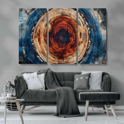 90395-MGV-CV-36X24-Tree Ring Wall Art – Abstract Wood Grain Canvas Print with Fiery Red and Blue Tones, Bold Rustic Nature Inspired Artwork Decor for