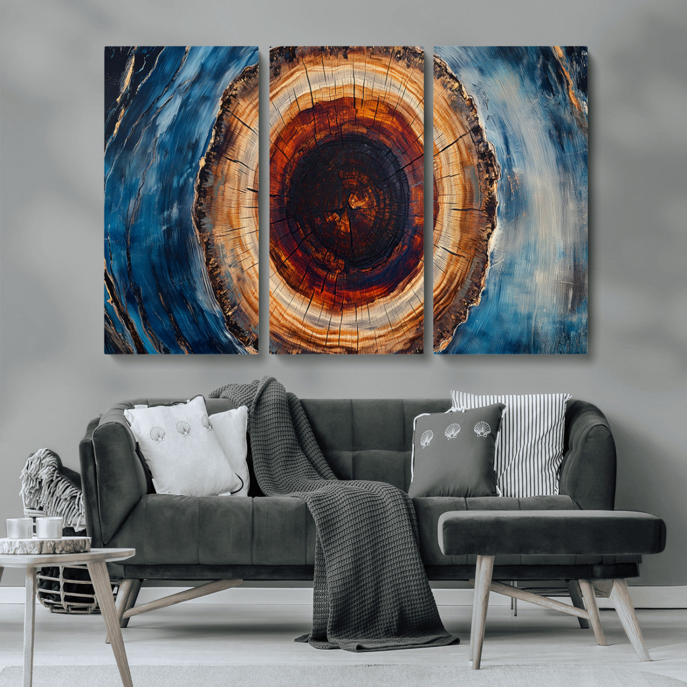 30457-MGV-CV-36X24-Tree Ring Wall Art – Abstract Wood Grain Canvas Print with Brown and Blue Swirl, Rustic Nature Inspired Artwork for Living Room,