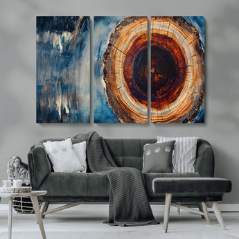 48045-MGV-CV-36X24-Tree Ring Abstract Wall Art – Rustic Wood Grain Canvas Print with Brown Center and Blue Brush Strokes, Nature Inspired Artwork for
