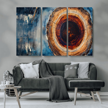 48045-MGV-CV-36X24-Tree Ring Abstract Wall Art – Rustic Wood Grain Canvas Print with Brown Center and Blue Brush Strokes, Nature Inspired Artwork for