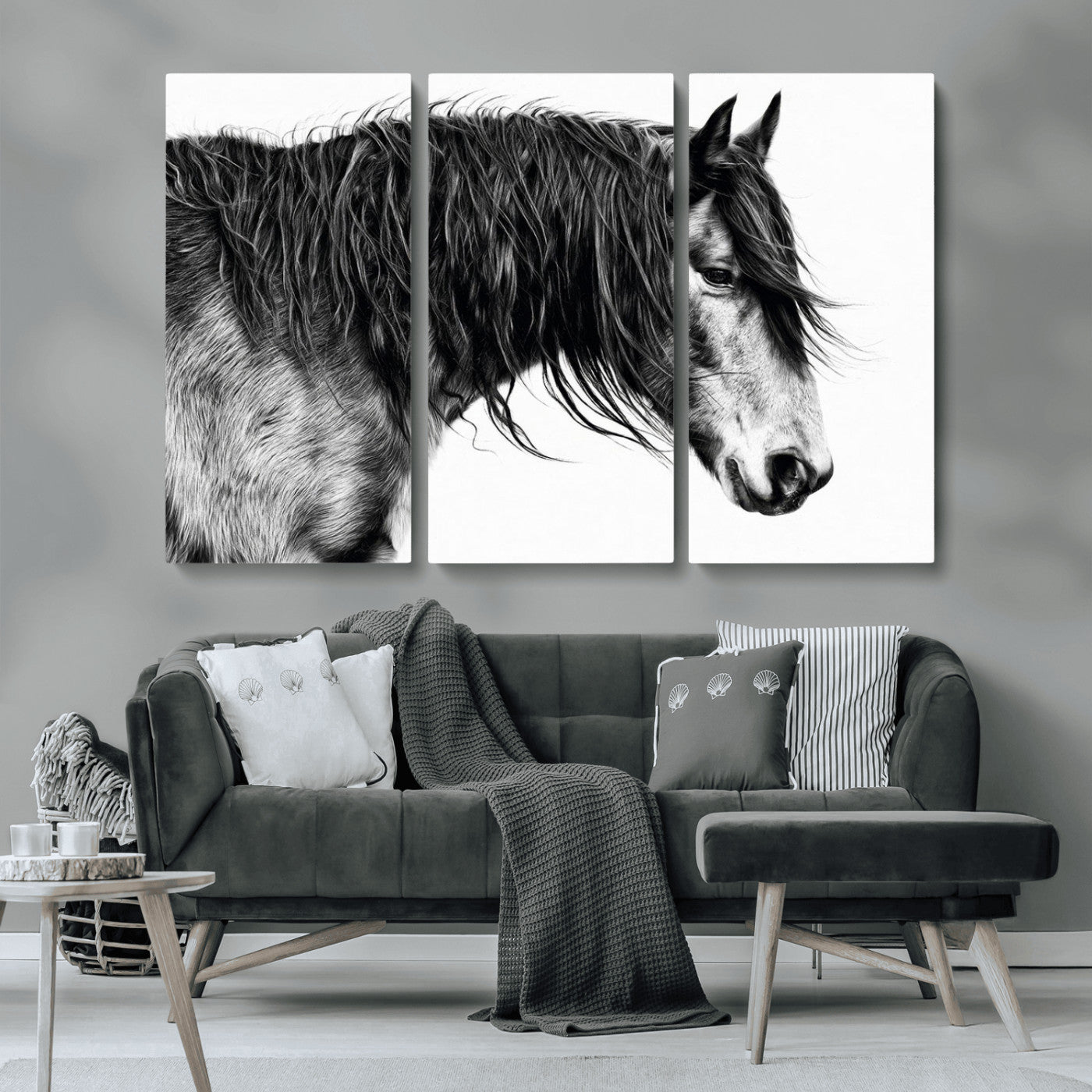57694-MGV-CV-36X24-Horse Portrait Wall Art – Black and White Canvas Print with Detailed Stallion Profile, Rustic Farmhouse Equestrian Artwork for