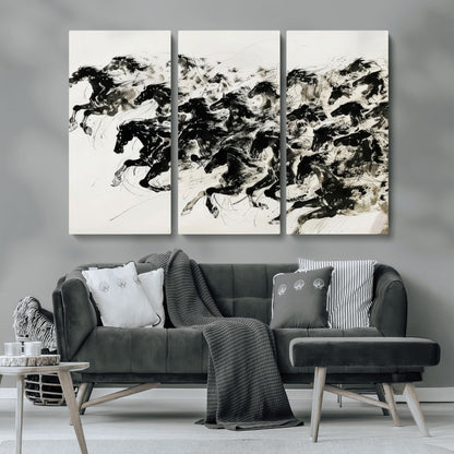 23069-MGV-CV-36X24-Galloping Horses Wall Art – Black Ink Painting on Canvas, Dynamic Equestrian Artwork with Running Stallions, Expressive Modern