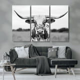 20272-MGV-CV-36X24-Texas Longhorn Wall Art – Black and White Cowboy Western Canvas Print, Rustic Farmhouse Cattle Photography Decor for Ranch, Barn