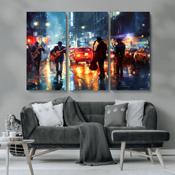94605-MGV-CV-36X24-City Jazz Night Wall Art – Vibrant Music Canvas Print Featuring Saxophone, Guitar and Bass Players, Urban Street Scene Artwork for