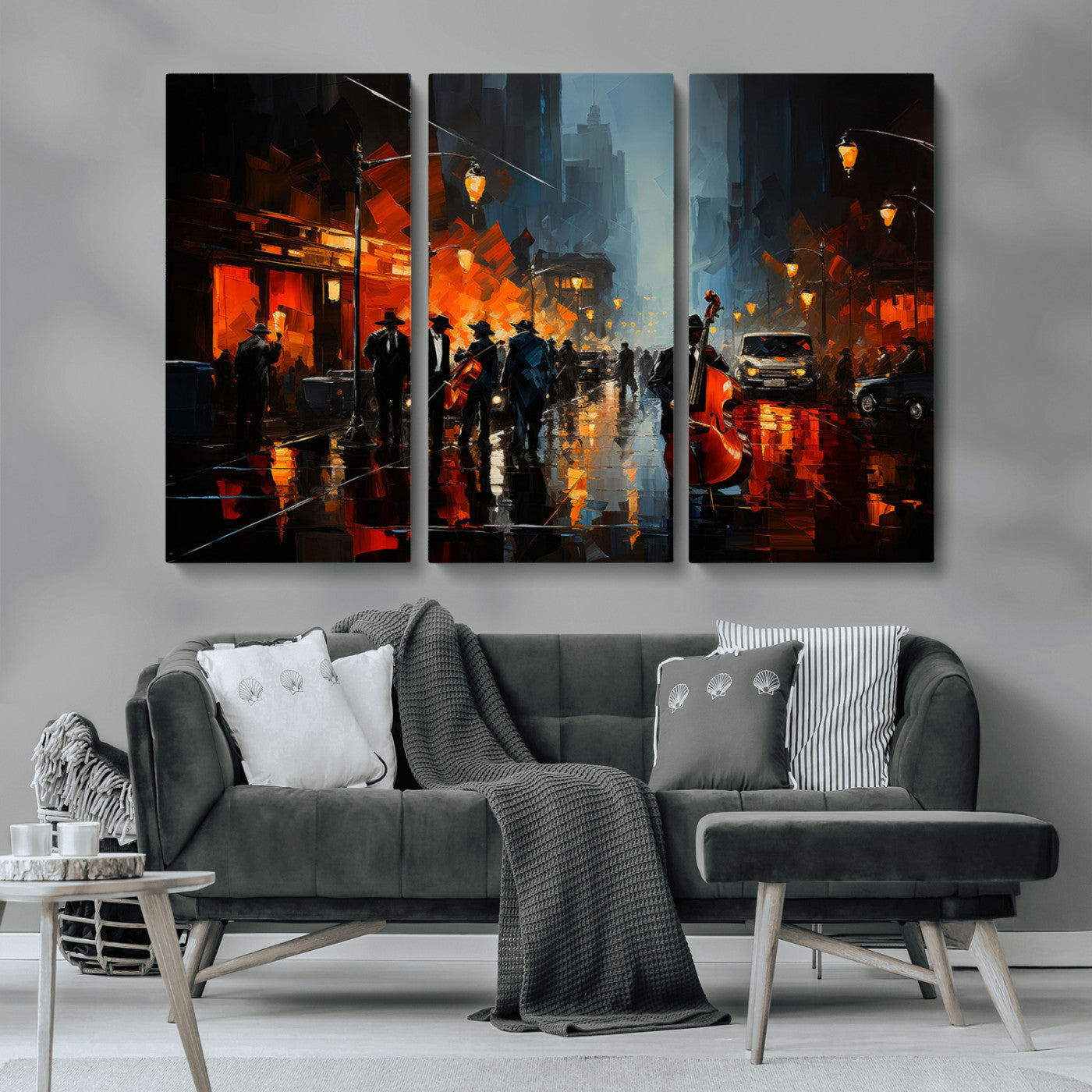 46538-MGV-CV-36X24-Urban Jazz Night Wall Art – Dramatic Music Canvas Print with Double Bass and Street Musicians, Modern City Scene Artwork for