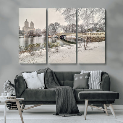 60292-MGV-CV-36X24-Central Park Winter Wall Art – Snowy Bow Bridge Canvas Print, Scenic New York City Landscape Photography for Living Room, Bedroom
