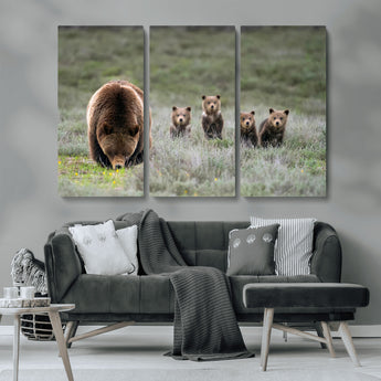 65087B-MGV-CV-36X24-Bear Family Wall Art – Wildlife Canvas Print Featuring Mother Bear with Cubs in Nature, Rustic Animal Artwork for Living Room,