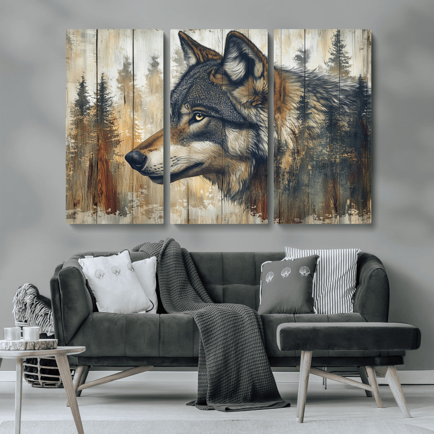 91882-MGV-CV-36X24-Wolf Wall Art – Rustic Canvas Print of Forest Wolf on Wood Background, Wildlife Lodge Artwork for Living Room, Bedroom, Cabin, or