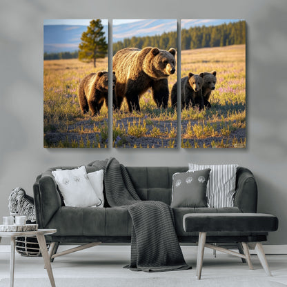 43400-MGV-CV-36X24-Bear Family Wall Art – Wildlife Canvas Print of Mother Bear with Cubs in Sunlit Meadow, Rustic Animal Artwork for Living Room,