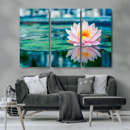 30320-MGV-CV-36X24-Pink Water Lily Wall Art – Lotus Flower Canvas Print with Reflection Water, Peaceful Botanical Artwork for Living Room, Bedroom,