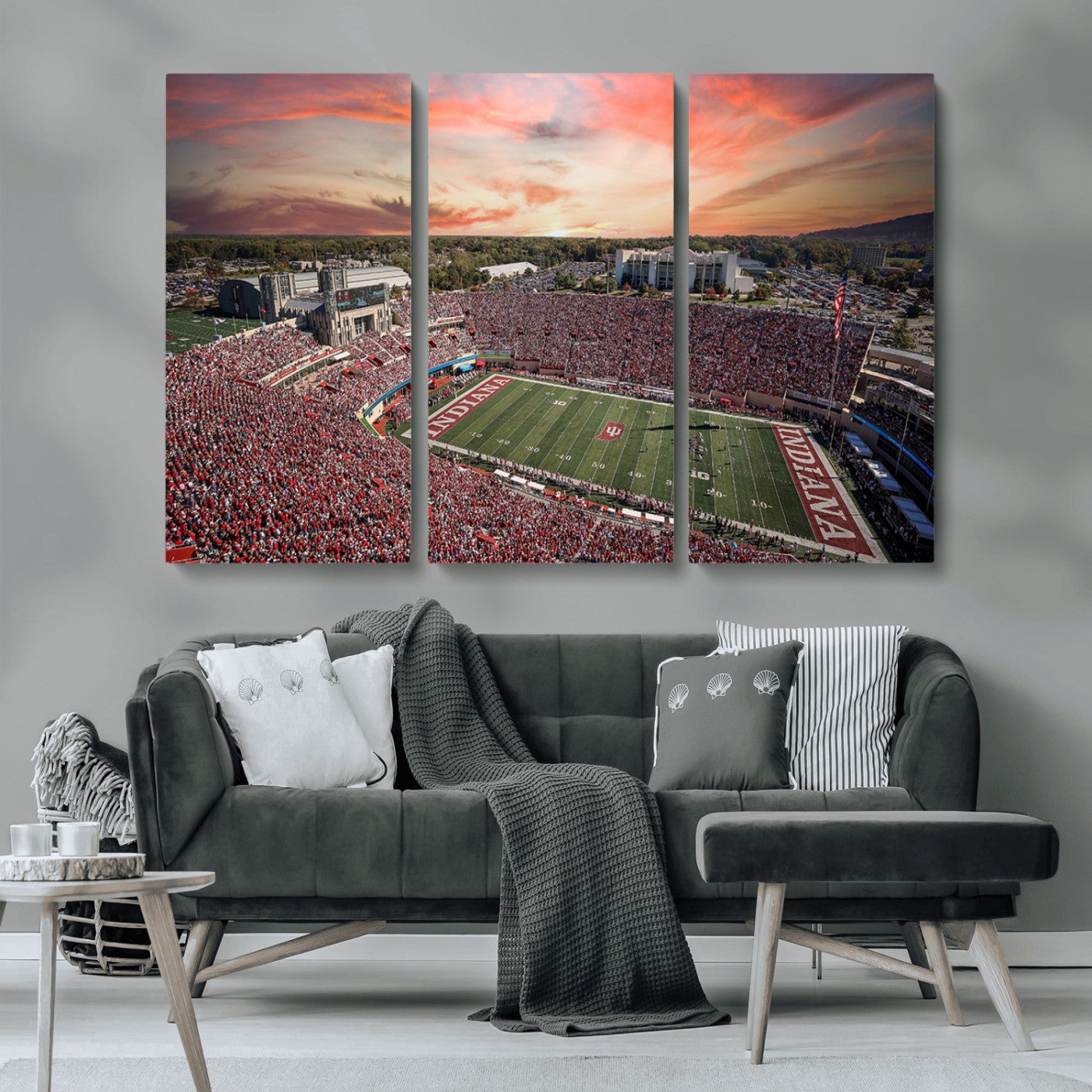 51135-MGV-CV-36X24-Indiana Hoosiers Stadium Wall Art – Panoramic Football Canvas Print with Game Day Crowd and Sunset Sky, Sports Artwork for Man