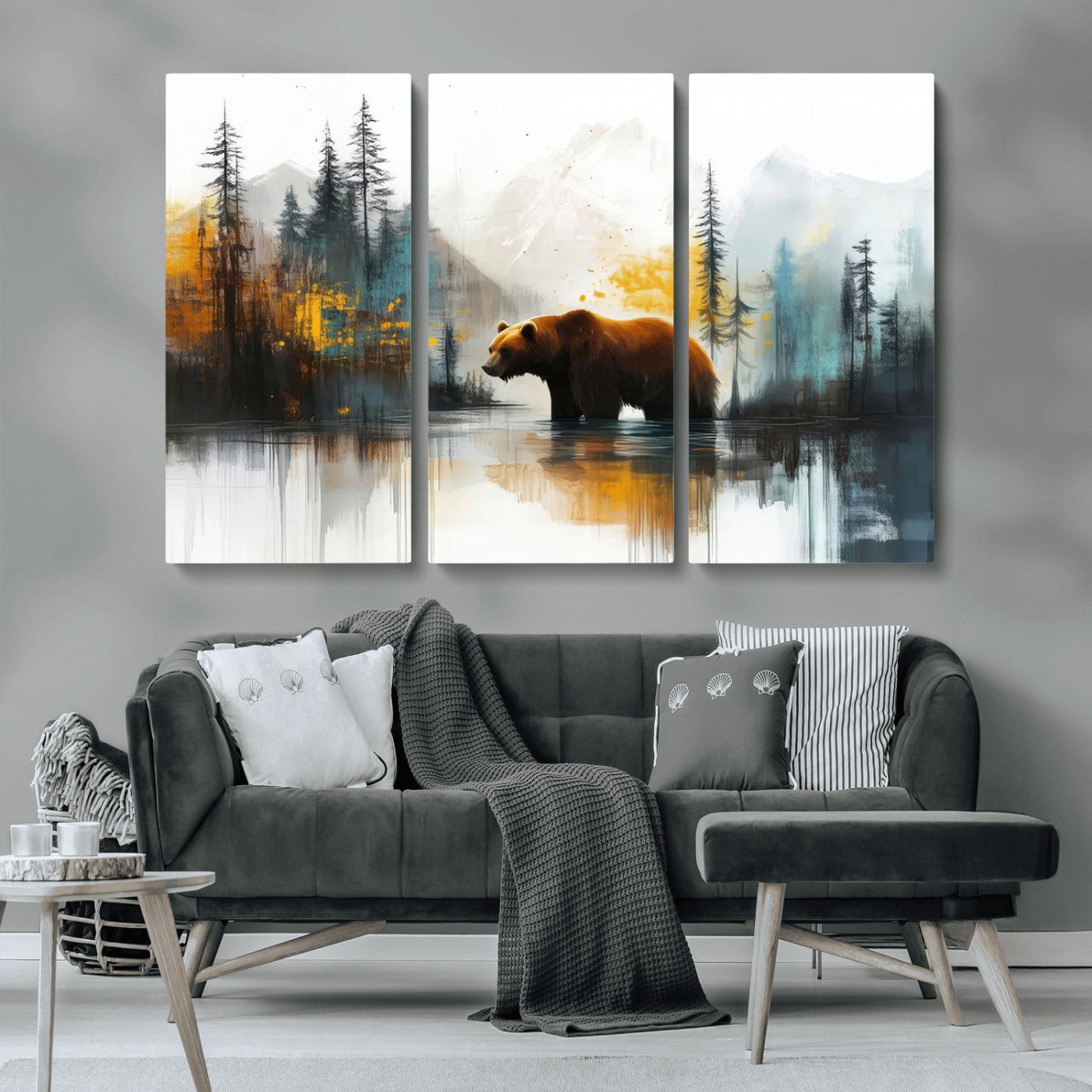50308-MGV-CV-36X24-Abstract Rustic Bear Wall Art – Forest and Mountain Scene Canvas Print, Nature Artwork for Modern Farmhouse or Log Cabin Decor