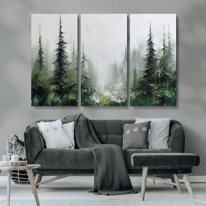 76014-MGV-CV-36X24-Forest Wall Art – Textured Canvas Print Featuring Misty Evergreen Pines and Woodland Landscape, Rustic Nature Artwork for Living