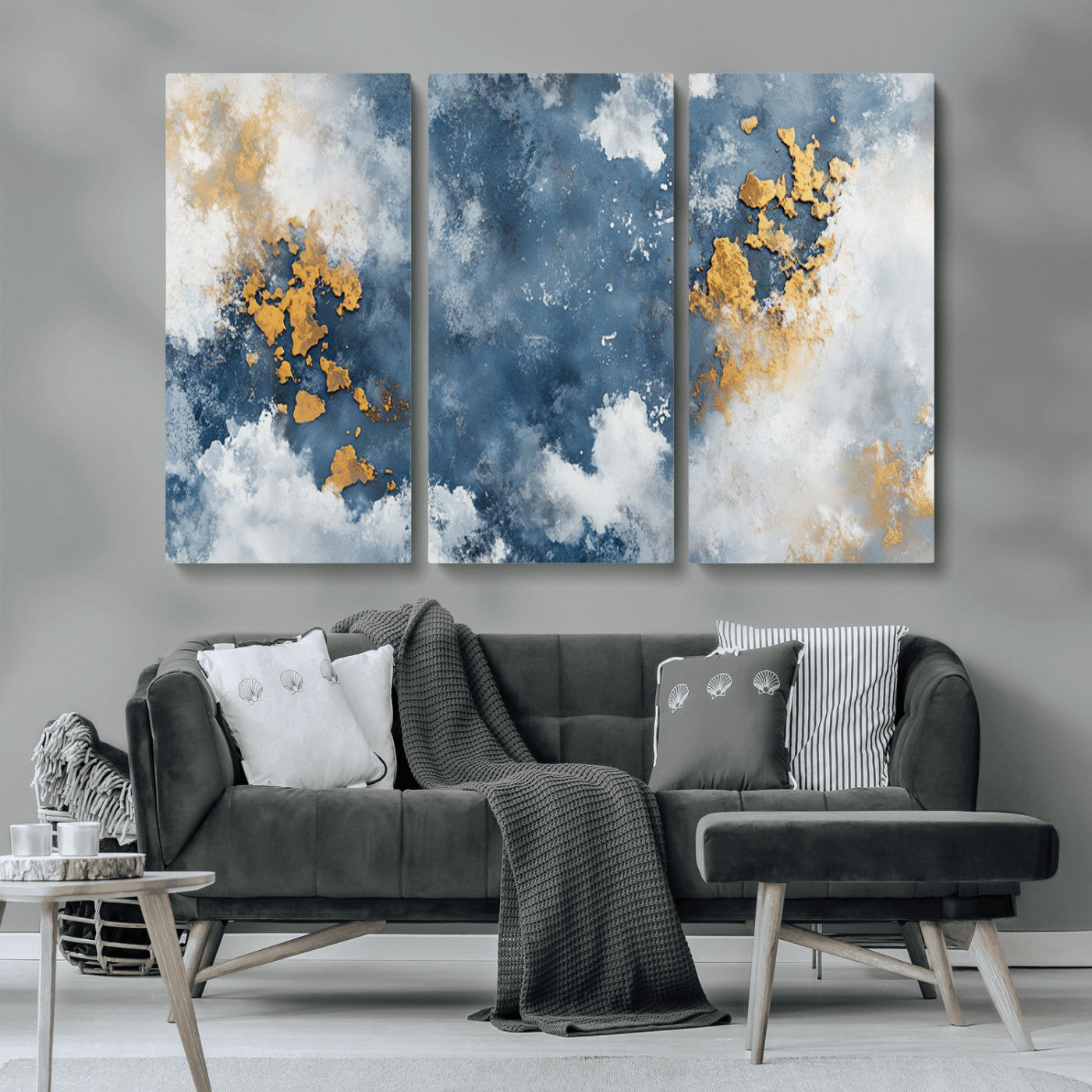 39575-MGV-CV-36X24-Blue and Gold Abstract Wall Art – Modern Canvas Print Featuring Cloudy Textures with Metallic Accents, Contemporary Artwork for