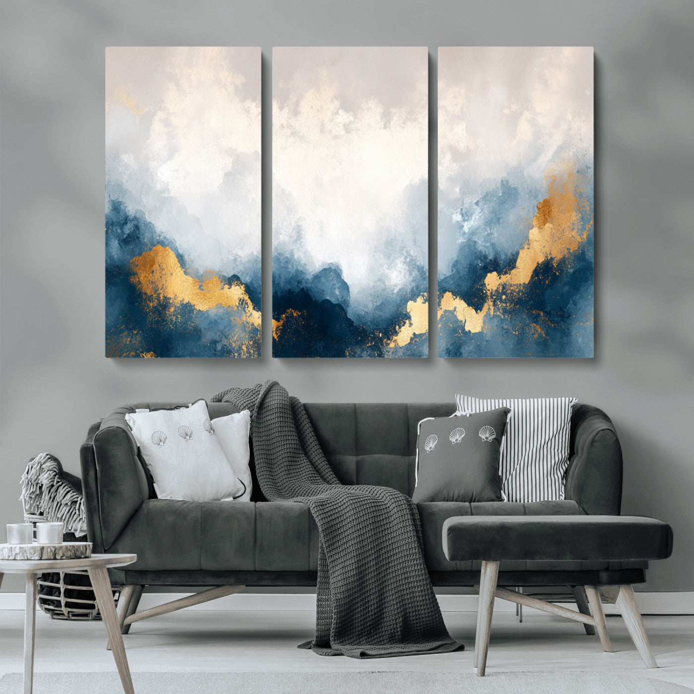 14578-MGV-CV-48X32-3P-Abstract Wall Art – Modern Canvas Print Featuring Blue and White Clouds with Golden Accents, Contemporary Elegant Artwork for