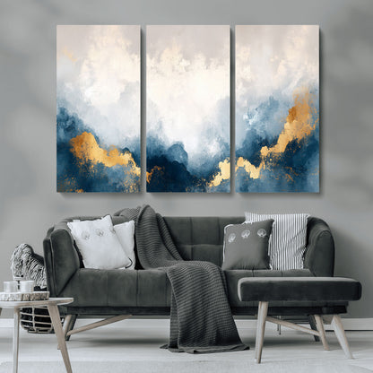 14578-MGV-CV-48X32-3P-Abstract Wall Art – Modern Canvas Print Featuring Blue and White Clouds with Golden Accents, Contemporary Elegant Artwork for