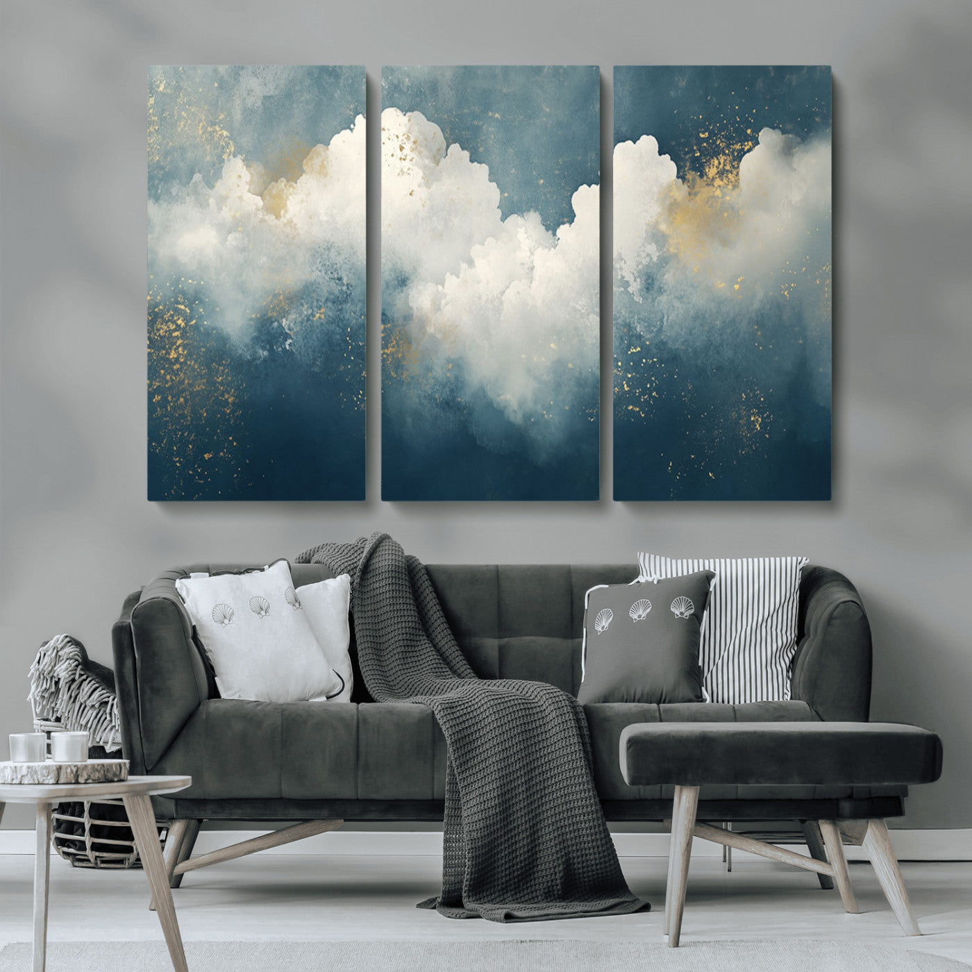 75131-MGV-CV-36X24-Abstract Cloud Wall Art – Modern Canvas Print Featuring Blue and White Clouds with Golden Accents, Contemporary Artwork for Living