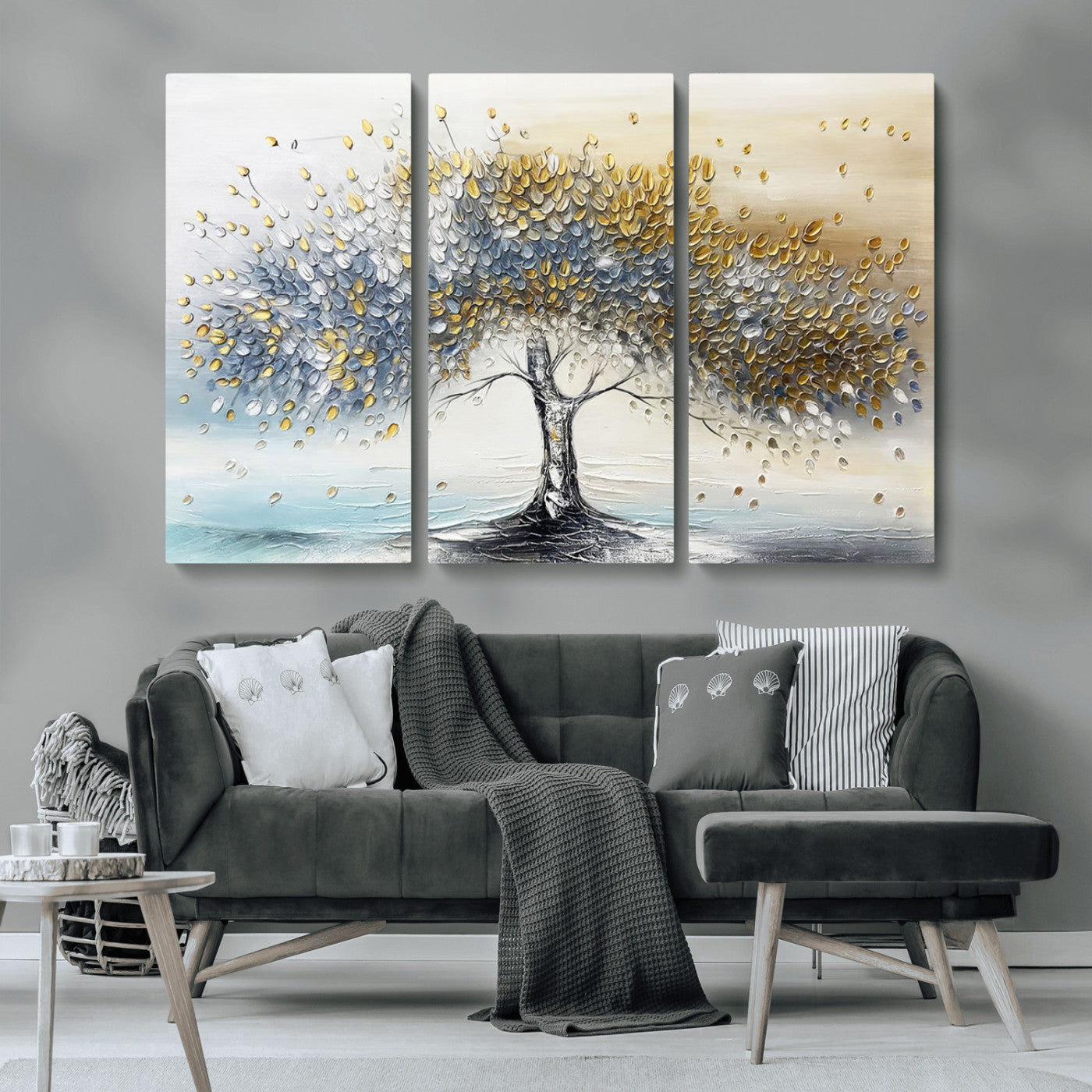 24771-MGV-CV-36X24-Silver Tree Wall Art Canvas Print, Framed Golden Leaves Art Picture Print, Metallic Tree Perfect Minimalist Luxury Decor Artwork