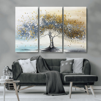 24771-MGV-CV-36X24-Silver Tree Wall Art Canvas Print, Framed Golden Leaves Art Picture Print, Metallic Tree Perfect Minimalist Luxury Decor Artwork