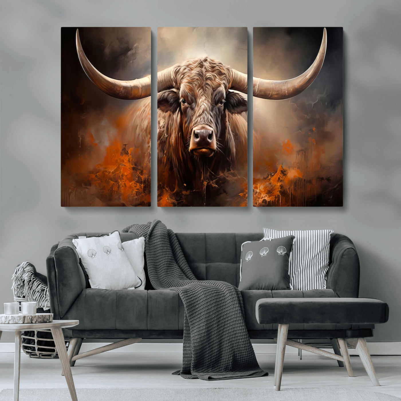 240479-MGV-CV-36X24-Longhorn Bull Wall Art – Dramatic Western Canvas Print Featuring Horned Bull with Fiery Background, Rustic Farmhouse Artwork for