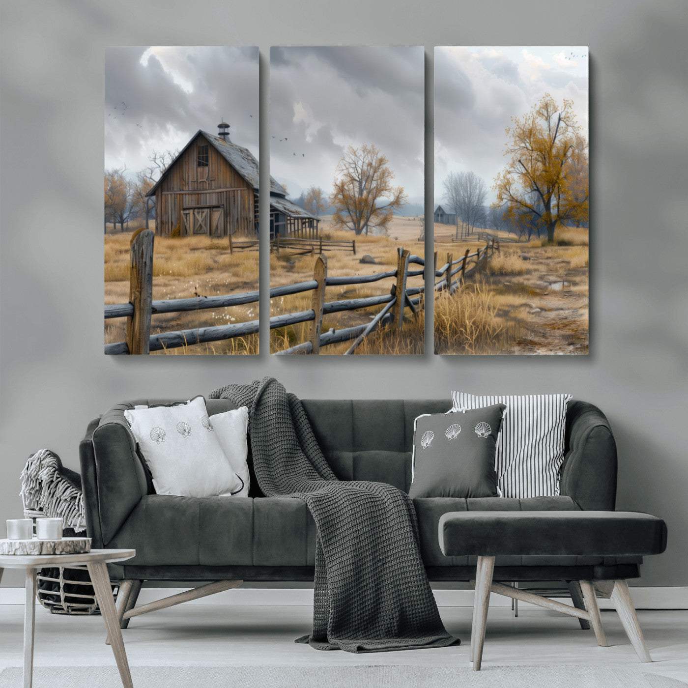 Farm1-MGV-CV-36X24-Rustic Autumn Farmhouse Wall Art – Serene Countryside Scene Canvas Print, Weathered Barn and Autumn Trees Decor for Living Room,