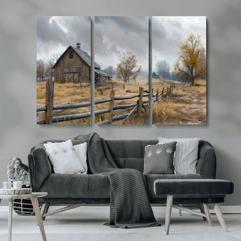 Farm1-MGV-CV-36X24-Rustic Autumn Farmhouse Wall Art – Serene Countryside Scene Canvas Print, Weathered Barn and Autumn Trees Decor for Living Room,