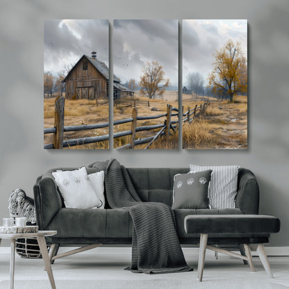 Farm1-MGV-CV-36X24-Rustic Autumn Farmhouse Wall Art – Serene Countryside Scene Canvas Print, Weathered Barn and Autumn Trees Decor for Living Room,