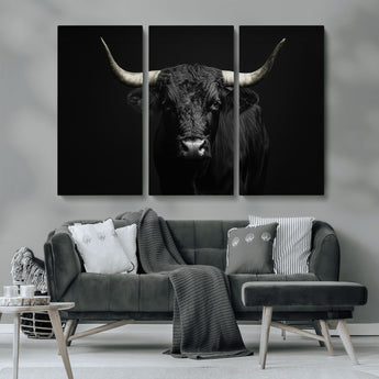 97914921-MGV-CV-36X24-Black Bull Wall Art Canvas Print, Framed Longhorn Bull Art Picture Print, Western Bull Perfect Monochrome Western Decor Artwork
