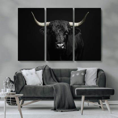 97914921-MGV-CV-36X24-Black Bull Wall Art Canvas Print, Framed Longhorn Bull Art Picture Print, Western Bull Perfect Monochrome Western Decor Artwork