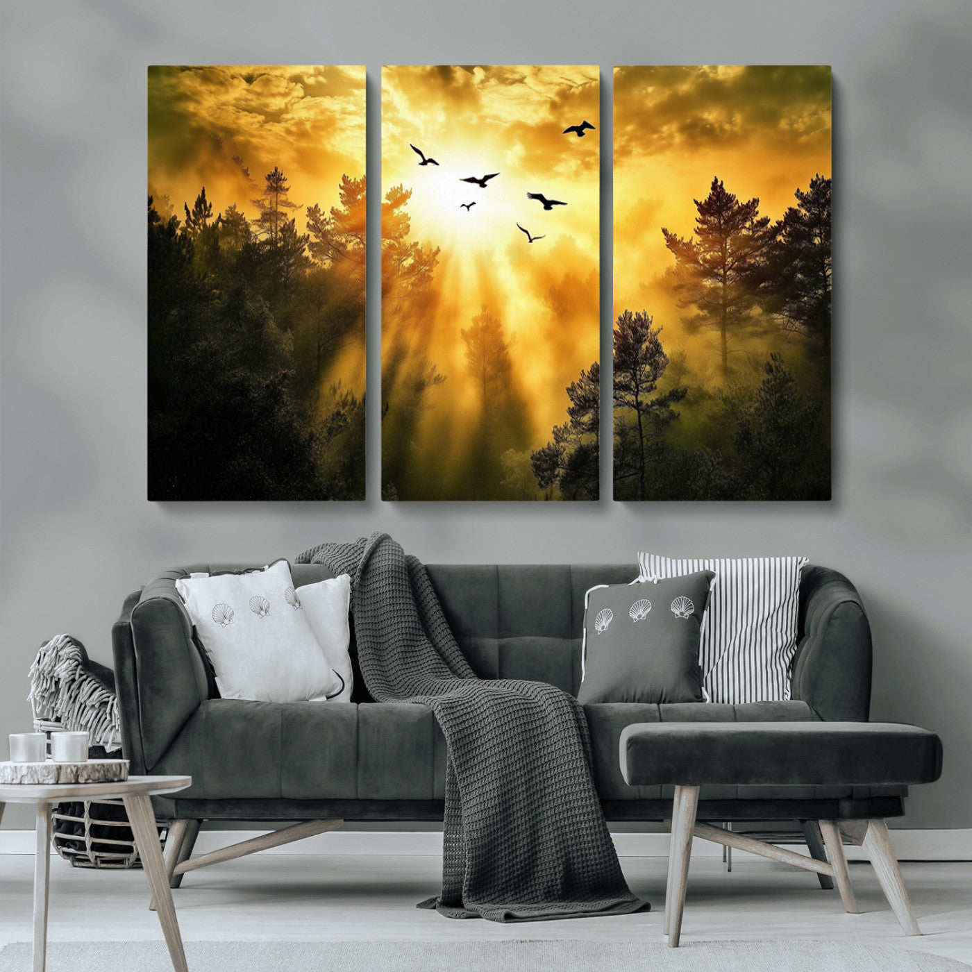 13776802-MGV-CV-36X24-Golden Forest Wall Art Canvas Print, Framed Sunset Pines Art Picture Print, Flying Birds Perfect Nature Glow Decor Artwork