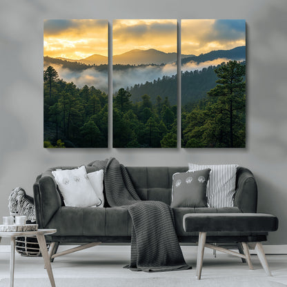 68082278-MGV-CV-36X24-Mountain Sunrise Wall Art Canvas Print, Framed Pine Forest Art Picture Print, Misty Mountains Perfect Earthy Woodland Decor