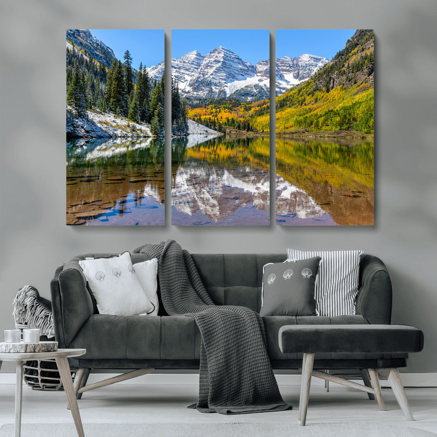 87724099-MGV-CV-36X24-Maroon Bells Wall Art Canvas Print, Framed Snowy Mountains Art Picture Print, Pine Forest Perfect Vibrant Alpine Decor Artwork