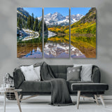 87724099-MGV-CV-36X24-Maroon Bells Wall Art Canvas Print, Framed Snowy Mountains Art Picture Print, Pine Forest Perfect Vibrant Alpine Decor Artwork