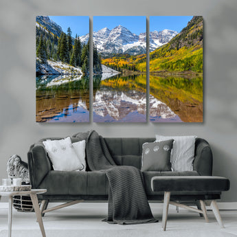 87724099-MGV-CV-36X24-Maroon Bells Wall Art Canvas Print, Framed Snowy Mountains Art Picture Print, Pine Forest Perfect Vibrant Alpine Decor Artwork