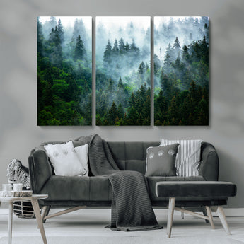 17393683-MGV-CV-36X24-Misty Forest Art Wall Art Canvas Print, Framed Foggy Mountain Art Art Picture Print, Scenic Wall Print Perfect Decor Artwork