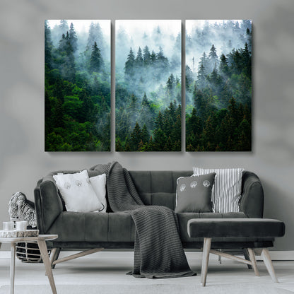 17393683-MGV-CV-36X24-Misty Forest Art Wall Art Canvas Print, Framed Foggy Mountain Art Art Picture Print, Scenic Wall Print Perfect Decor Artwork