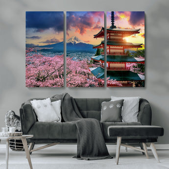 32331262-MGV-CV-36X24-Mount Fuji Japan Wall Art – Cherry Blossom Landscape Canvas Print, Chureito Pagoda Sunset Photography, Japanese Nature Travel