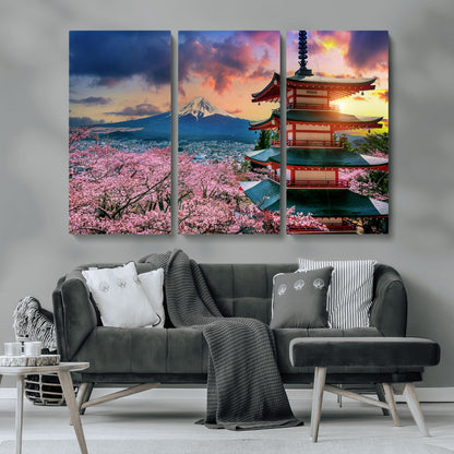 32331262-MGV-CV-36X24-Mount Fuji Japan Wall Art – Cherry Blossom Landscape Canvas Print, Chureito Pagoda Sunset Photography, Japanese Nature Travel