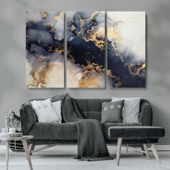 41136487-MGV-CV-48X32-3P-Black Marble Wall Art Canvas Print, Framed Gold Veins Art Picture Print, Abstract Texture Perfect Moody Luxe Decor Artwork