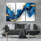 33506371-MGV-CV-36X24-Blue Marble Wall Art Canvas Print, Framed Gold Splash Art Picture Print, Abstract Wave Perfect Modern Luxe Decor Artwork