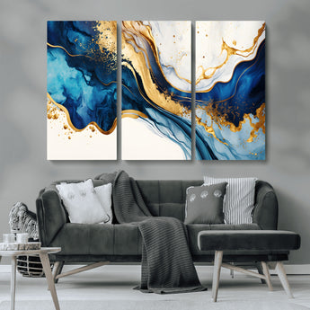60283636-MGV-CV-36X24-Blue Gold Flow Wall Art Canvas Print, Framed Marble Texture Art Picture Print, Elegant Splash Perfect Elegant Abstract Decor