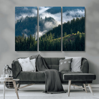 84598503-MGV-CV-36X24-Misty Forest Wall Art Canvas Print, Framed Pine Hills Art Picture Print, Moody Hills Perfect Moody Woodland Decor Artwork