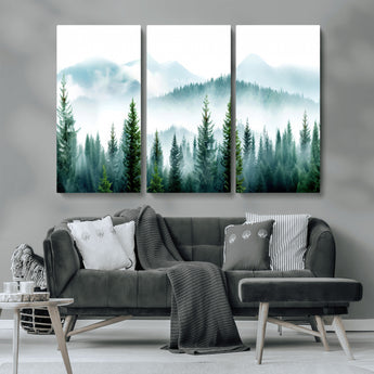 16716676-MGV-CV-36X24-Pine Forest Wall Art Canvas Print, Framed Misty Mountains Art Picture Print, Foggy Trees Perfect Moody Forest Decor Artwork
